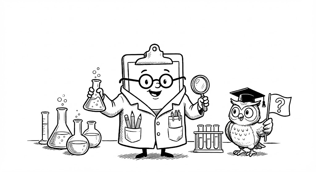 A quiz in a lab coat with an owl looking on